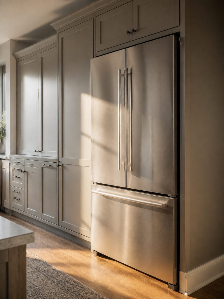 the same cabinet in stainless and closed, standing at the end of a full-height run — the finish is the only thing that separates this SKU from the one above