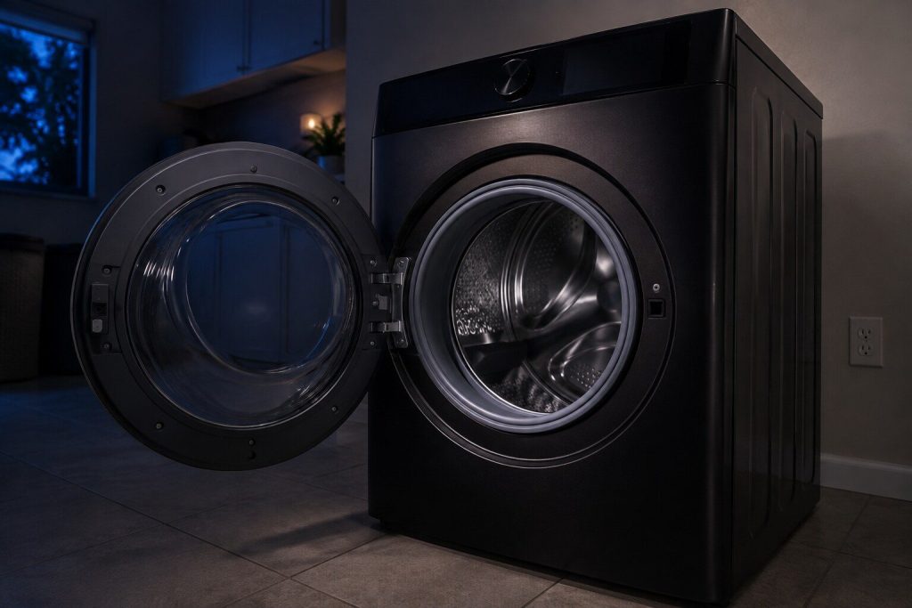 A wide brushed black front load washer standing with its round door swung fully open on an empty stainless drum, the rubber boot gasket clean around the opening, a dark laundry room behind.