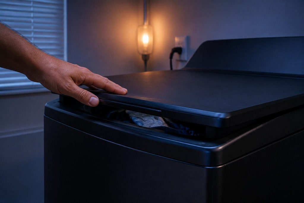 A hand lowering the lid of a large black top load washer the last few inches onto its rim, the loaded tub just visible in the closing gap.