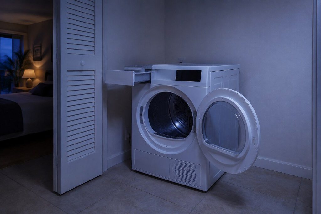 A white front load dryer standing in a laundry closet with NO duct behind it and a bare wall where a vent would be, its door open on an empty drum and a shallow condensate drawer pulled out at the top left.