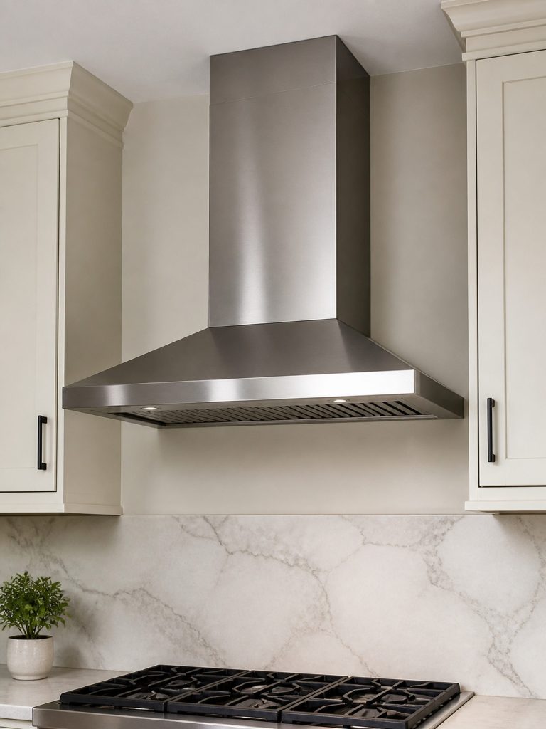 a 30-INCH wall-mounted canopy hood with its chimney running to the ceiling — all three of these SKUs are 30-inch wall mounts and this is the white one