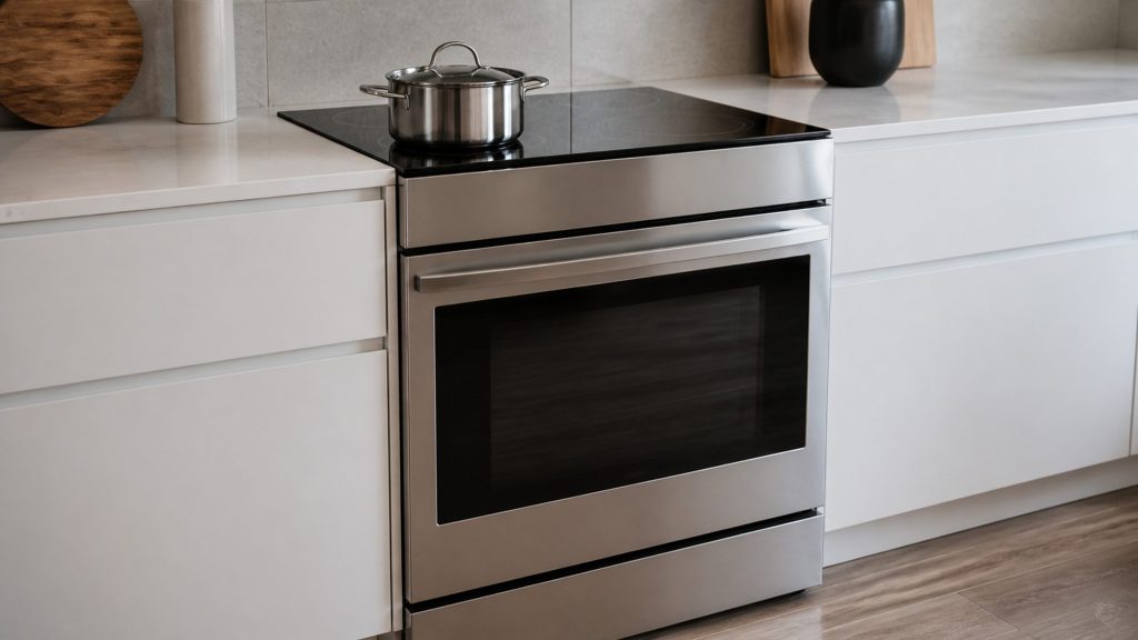 a range with a smooth black induction top and one oven door, in a run of white handleless cabinets — the slide-in induction in white glass