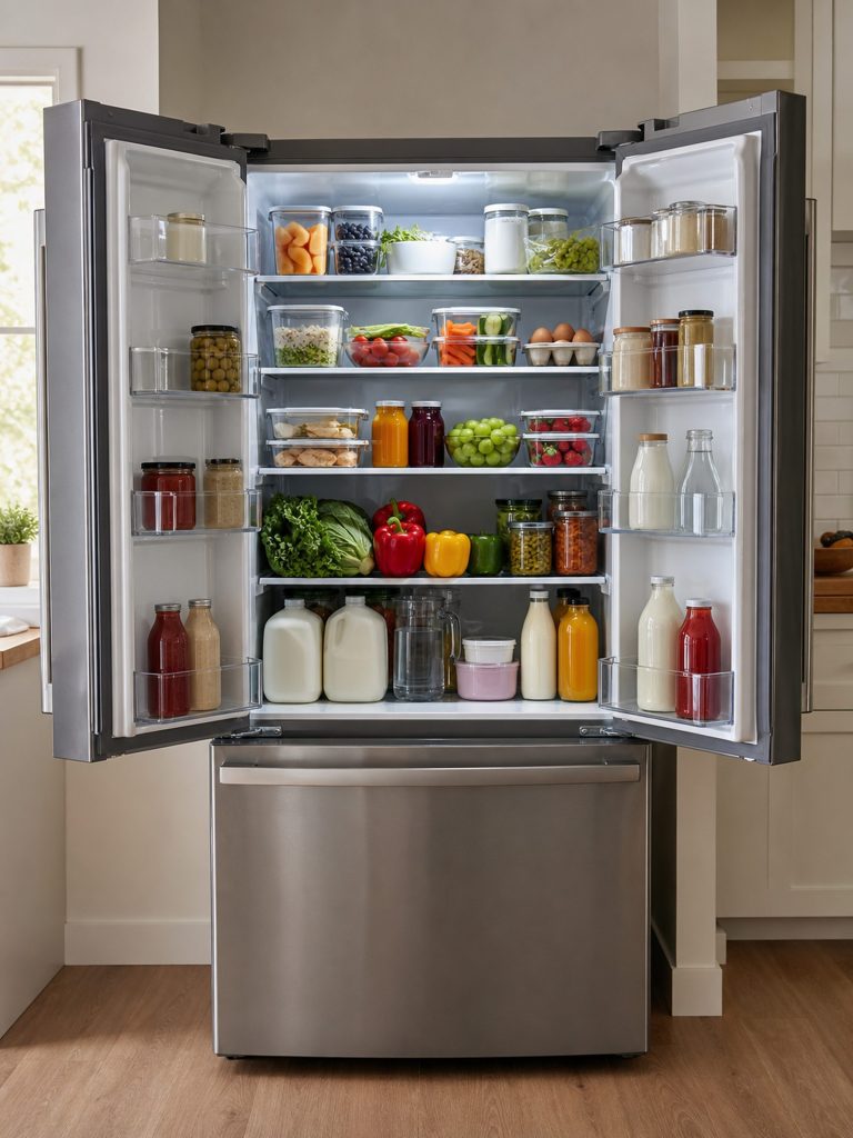 a large French door refrigerator with both doors open on a week's shopping — the 22 cu ft three-door with all-around cooling