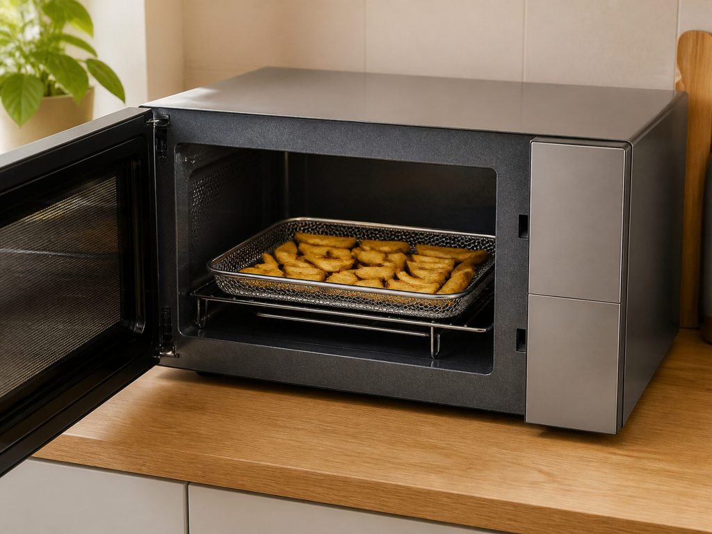 a metal air-fry basket standing on a rack inside an open countertop microwave — the second countertop record, and this one is a convection machine