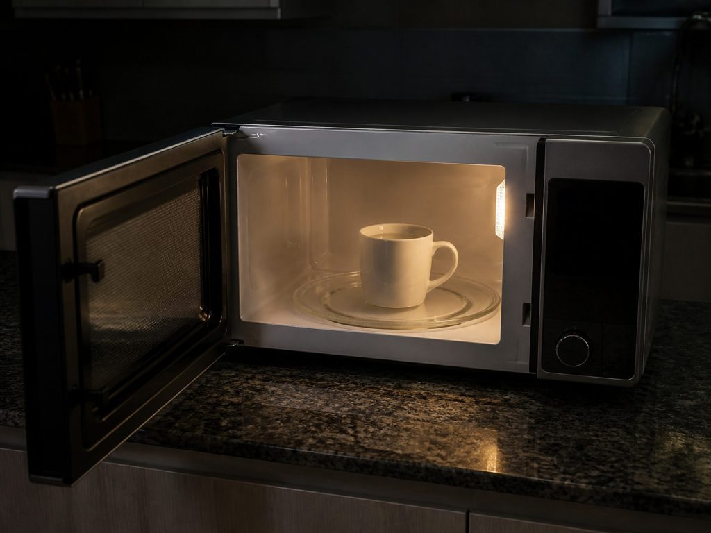a COUNTERTOP microwave with its door open and interior lit, a mug on the turntable — the record is a countertop page