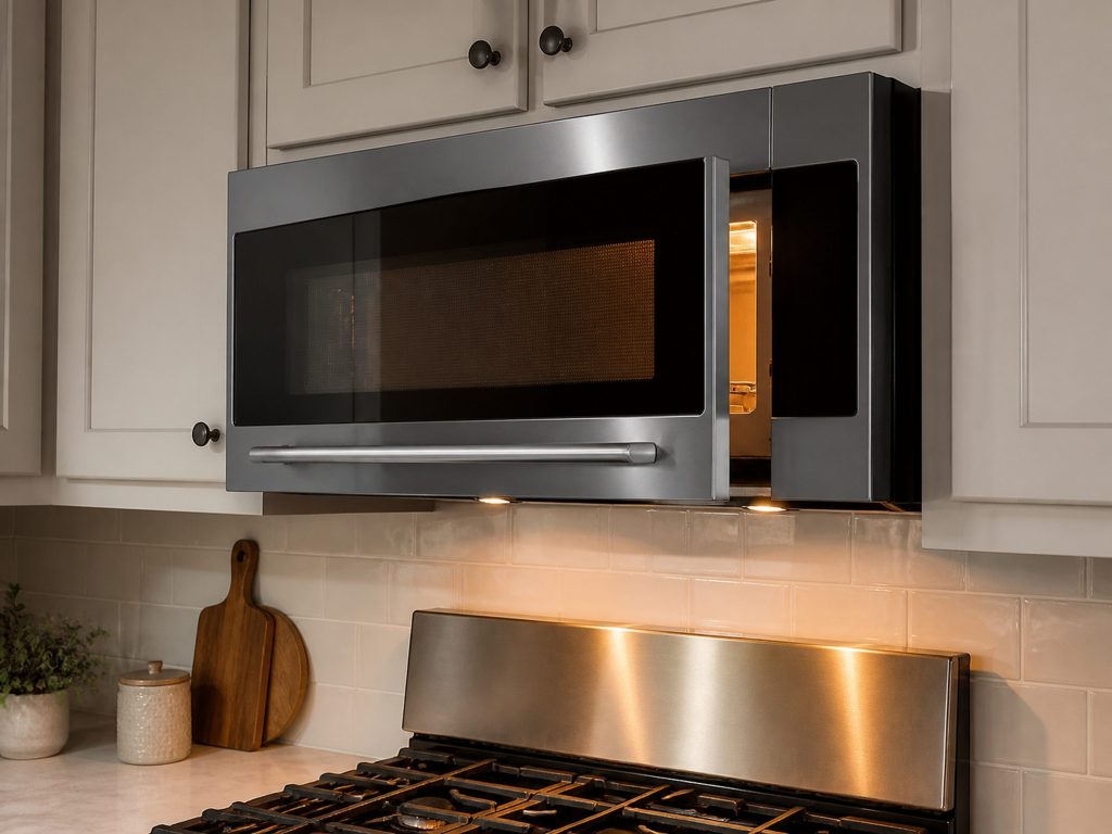 an over-the-range microwave hood combination with a full-width bar handle, door ajar — the slim over-the-range record