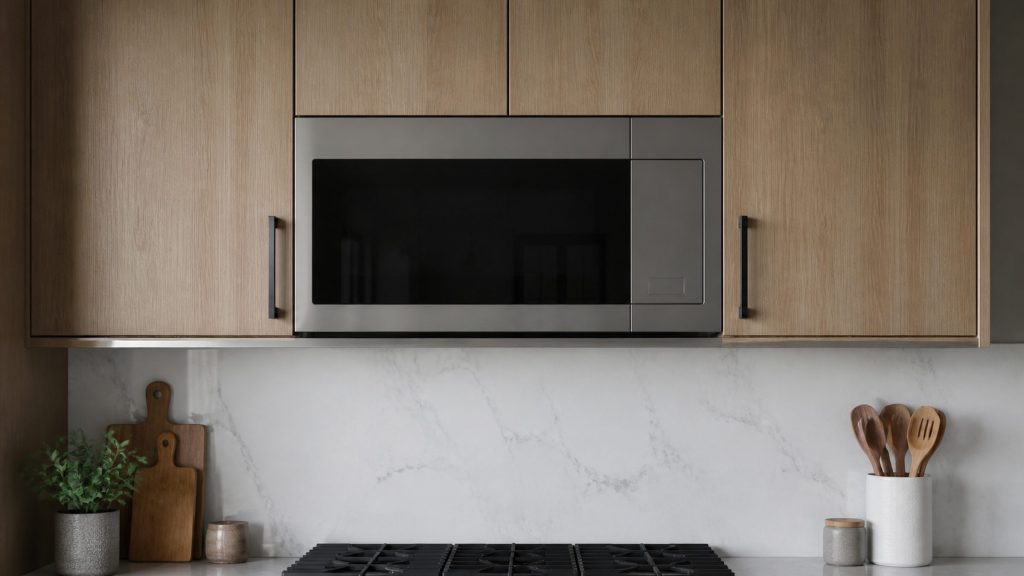 an OVER-THE-RANGE microwave fitted flush with the wall cabinets — the record is an over-the-range page