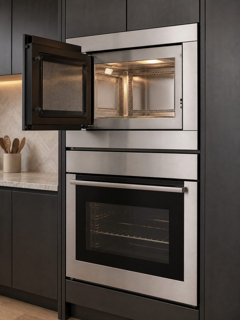 a combination wall oven with the upper microwave door open on a lit cavity and the oven below closed