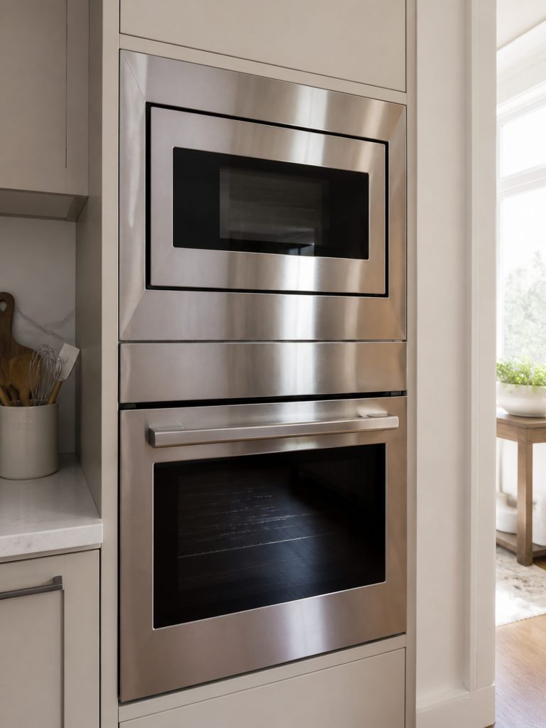 a combination wall oven column: a microwave cavity above and a full oven below in one face — the microwave combination wall oven