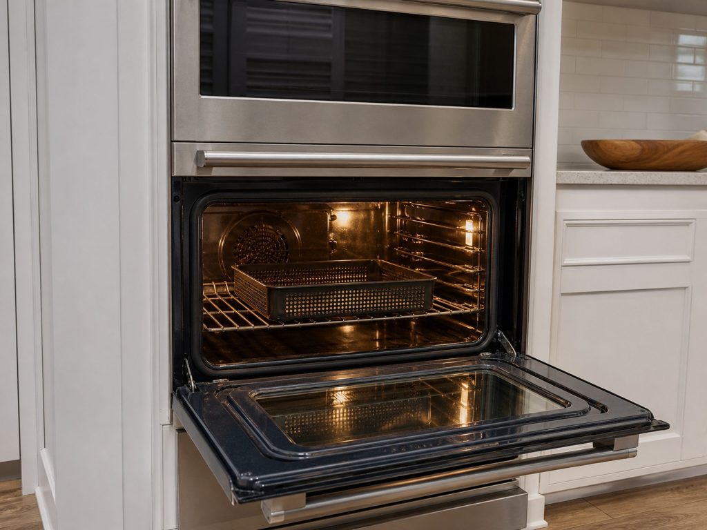 an air-fry basket on a rack in the LOWER cavity of a double wall oven, door open flat — the 30-inch double wall oven