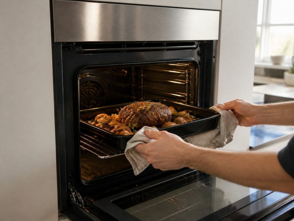 a single wall oven at eye height with a roasting tray being slid onto the middle rack — the 30-inch SINGLE wall oven