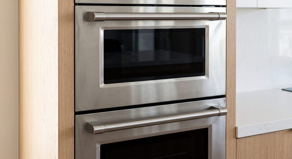 a compact speed oven stacked above a single wall oven in one stainless column — the combination oven in stainless