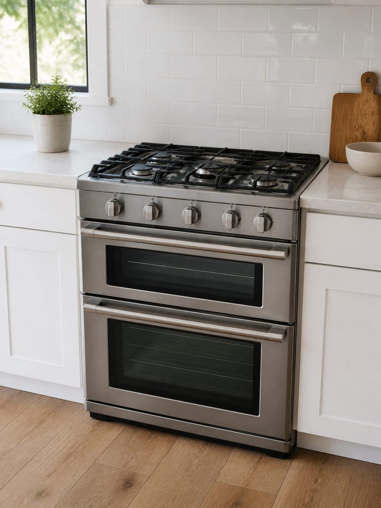 a 30-inch dual fuel range with gas burners above TWO oven doors — this SKU is dual fuel with a divided oven