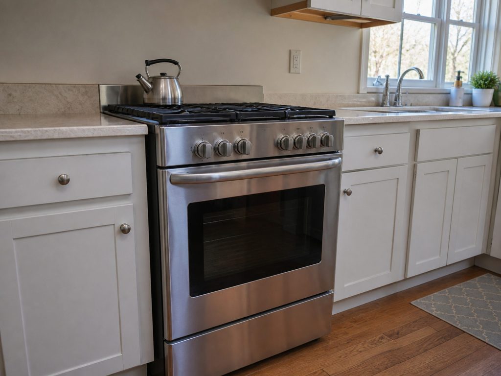 a freestanding stainless range slotted between base cabinets, cooktop clear — the plain freestanding electric this SKU is