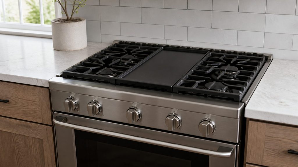 a gas range with a cast griddle plate fitted over the center burner — this SKU is the one with the integrated griddle