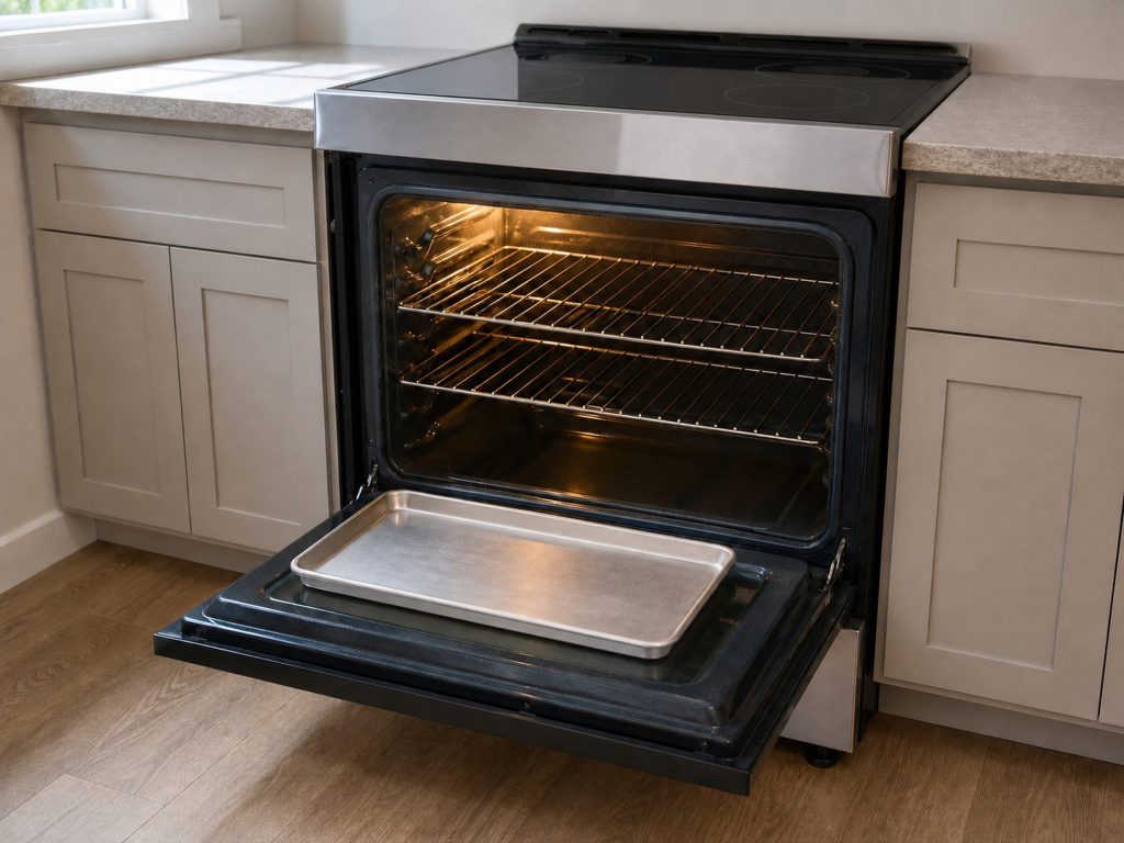 a SLIDE-IN electric range with the oven door open on a lit cavity — this SKU is the slide-in electric