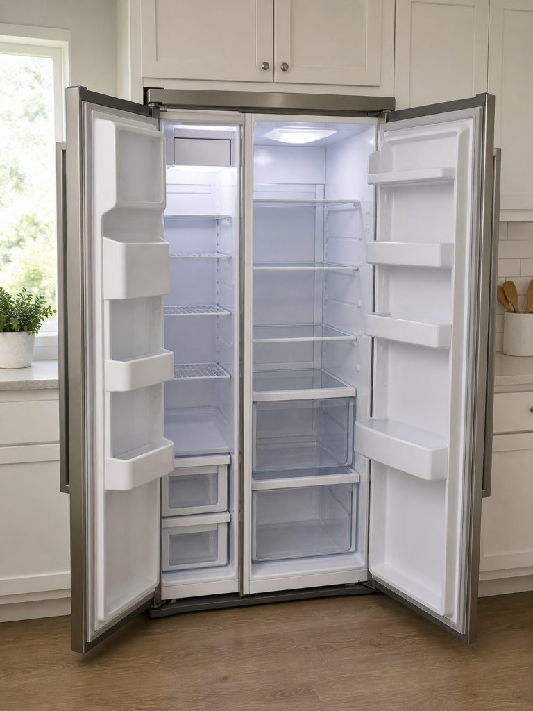 a counter-depth side-by-side with both tall doors open, narrow freezer shelves left and refrigerator right — the cabinet this SKU is