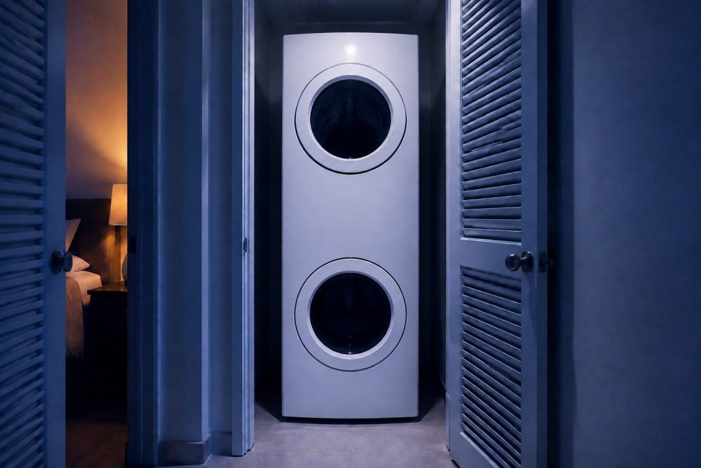 A tall white laundry cabinet in a closet holding a washer below and a dryer above as ONE unit with a single continuous front and no gap or joint between two machines, both doors closed.