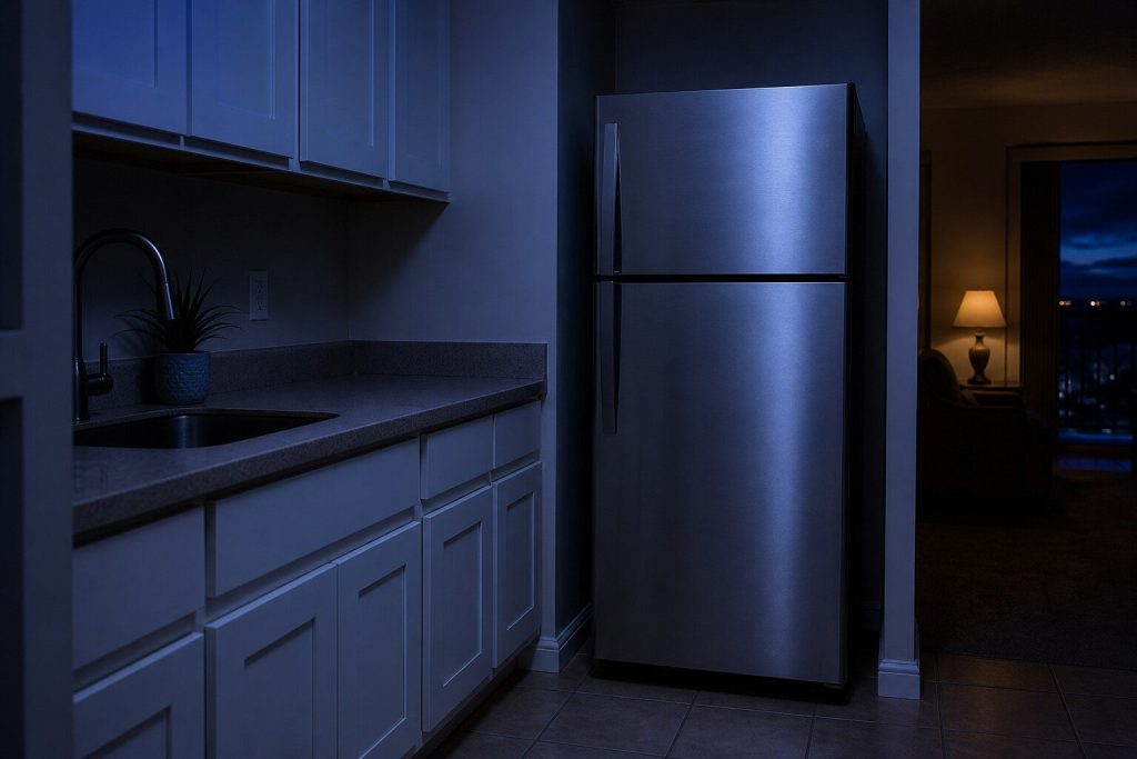 A freestanding stainless top freezer refrigerator standing at the end of a short galley kitchen run at night, its narrow freezer door across the top third and the tall fresh food door below, flat handles, both closed.