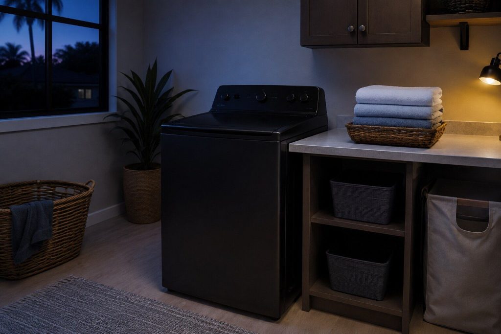 A black top load washing machine standing closed beside a folding counter in a laundry room at dusk, its lid flat and its console sloping back, a basket of folded towels on the counter.