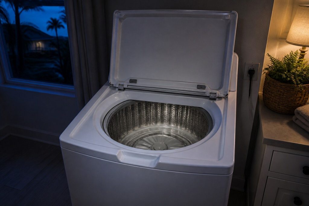 A white top load washing machine seen from just above the front with its lid standing fully open on an empty stainless tub, the flat impeller plate at the bottom and no center post.