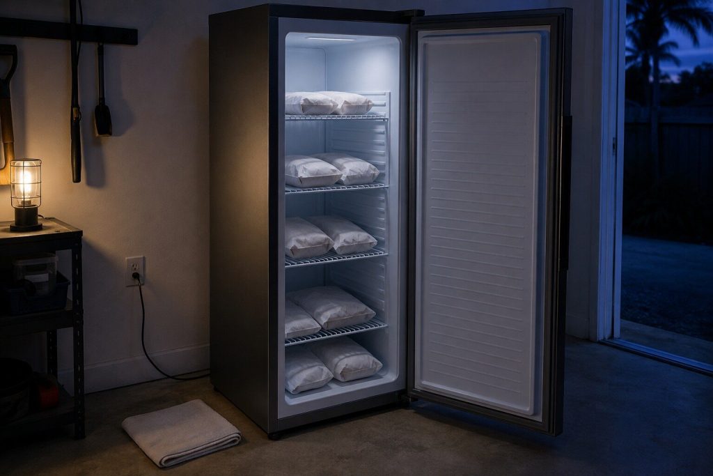 A tall narrow freestanding upright freezer in a stainless finish standing open in a utility room, four wire shelves of wrapped packets inside under cold interior light, a concrete floor and a folded towel beside it.