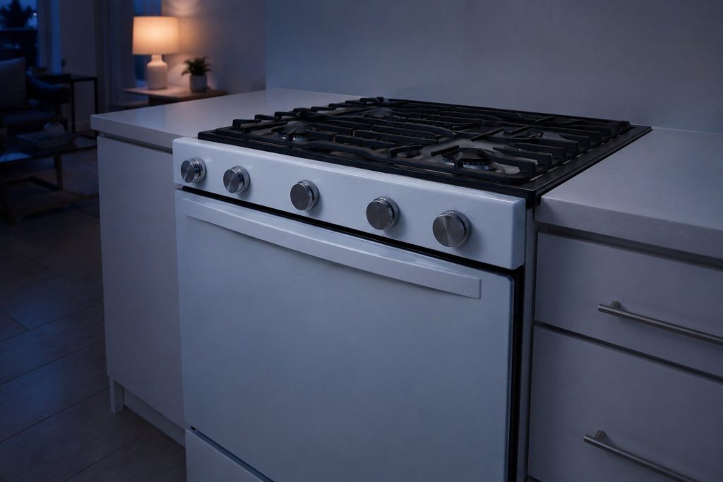 A slide-in gas range with a WHITE GLASS front and heavy cast grates over its burners, fitted flush between white counters so its top overlaps them and no back console stands above, round metal knobs along the front edge.
