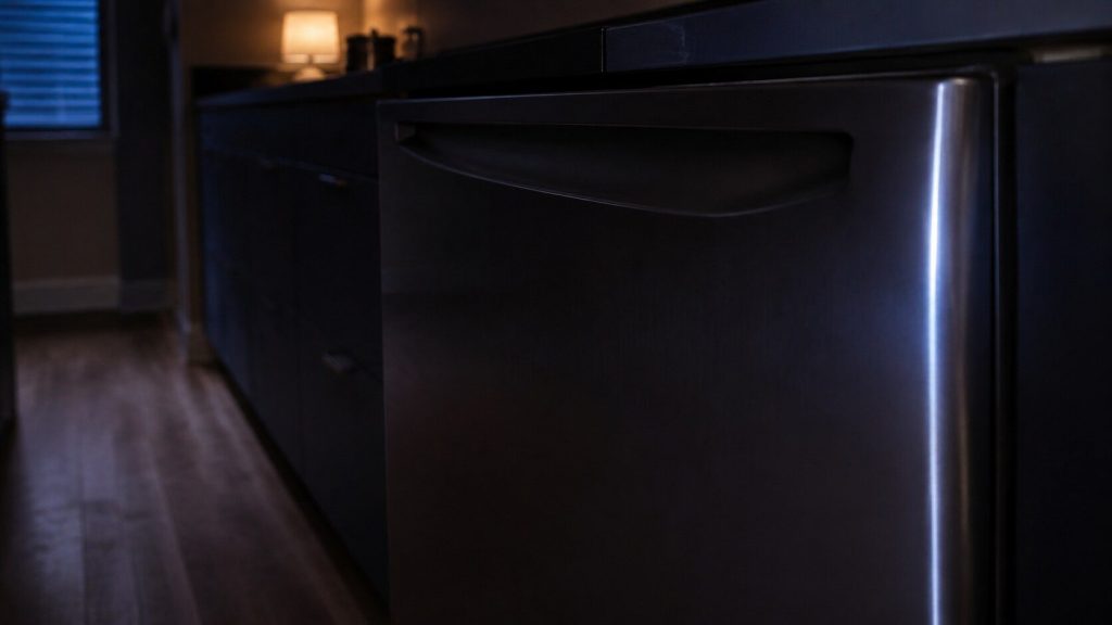 The unlit front of an appliance in a dark kitchen with a soft cool glow along one edge of it, shot close and at an angle so that no display, no digits and no controls are legible.
