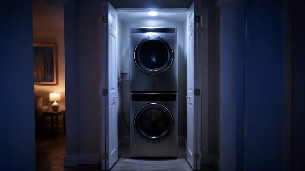 A stacked washer and dryer inside a narrow condo laundry closet with bifold doors folded open, shot straight on from the hallway.