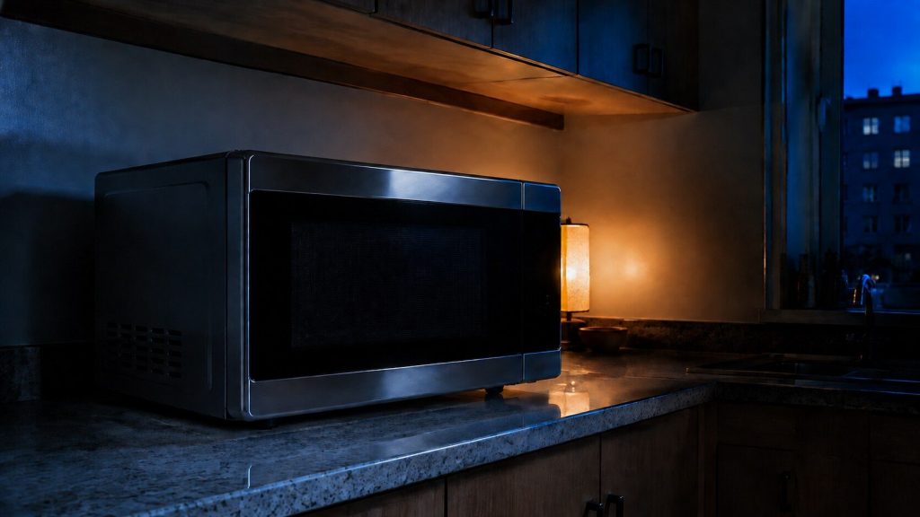 A small countertop microwave standing on a kitchen counter in a dim room, door closed, seen three-quarter from the left, deep blue evening light and one warm lamp behind.