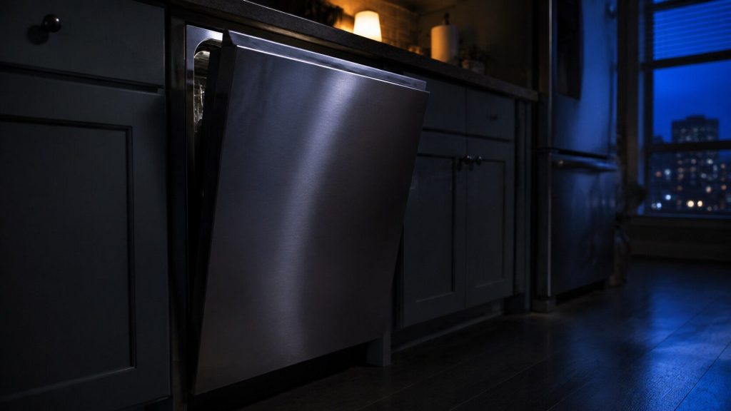 A dishwasher door ajar by a few inches in a dark kitchen, the gap showing a sliver of the stainless tub inside.