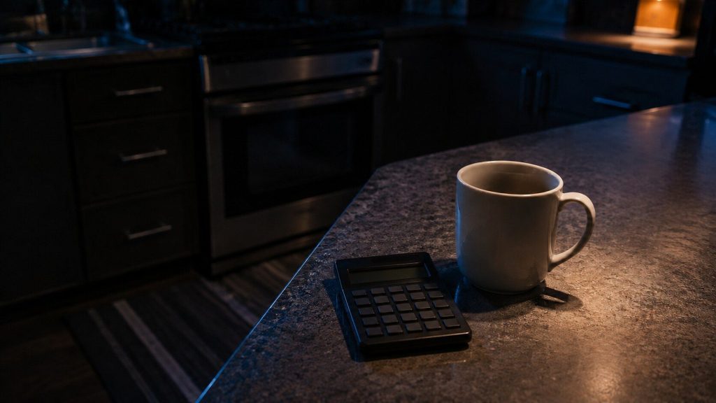 A pocket calculator and a mug on a dark kitchen counter at night, shot from above at a slight angle, cool blue ambient with one warm lamp.