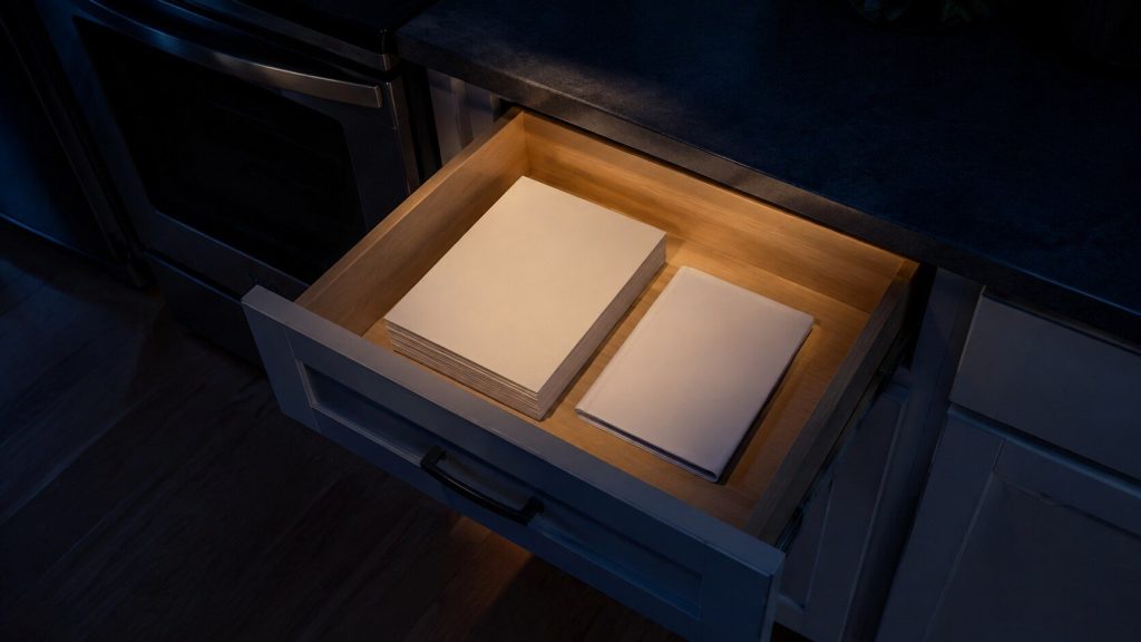 A kitchen drawer pulled open at night showing a folded stack of papers and a manual, shot from above at an angle.