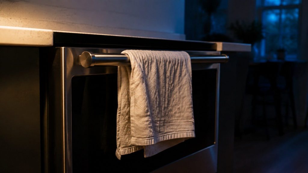 A hand towel hanging over the rail of a range door in a dark kitchen, seen close, with the quartz counter edge above and deep blue shadow behind.