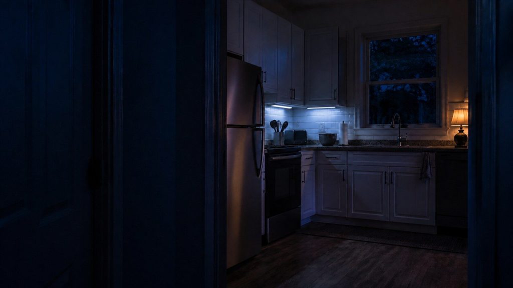 Looking through a kitchen doorway from a dim hall at night.