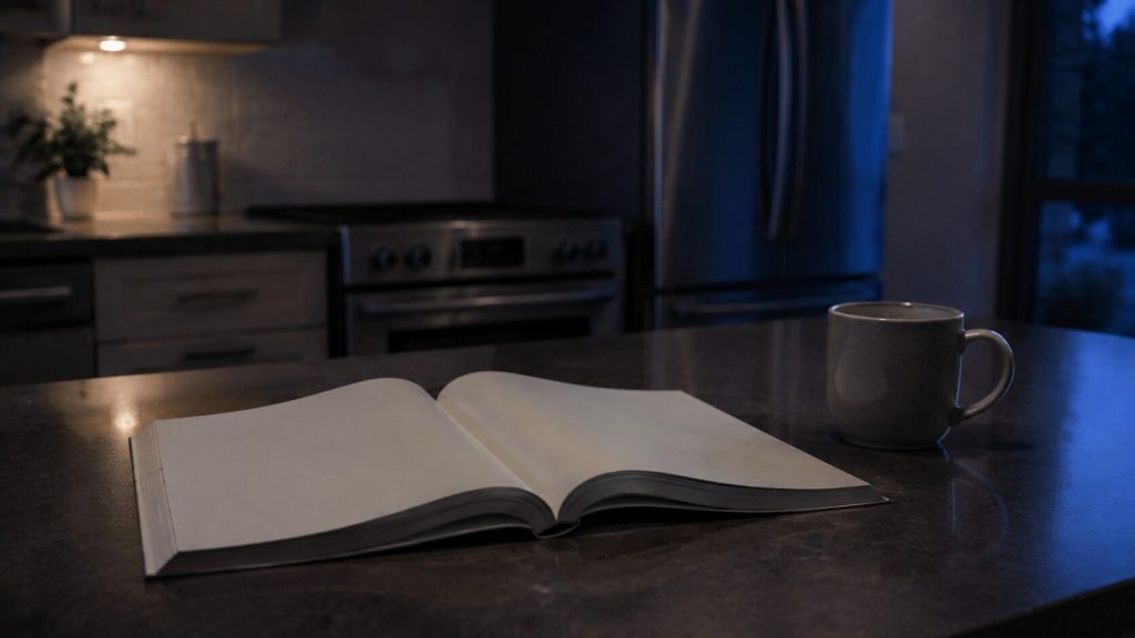 A thick unbranded booklet lying open face down on a dark kitchen counter beside a mug, evening light, deep blue shadow.