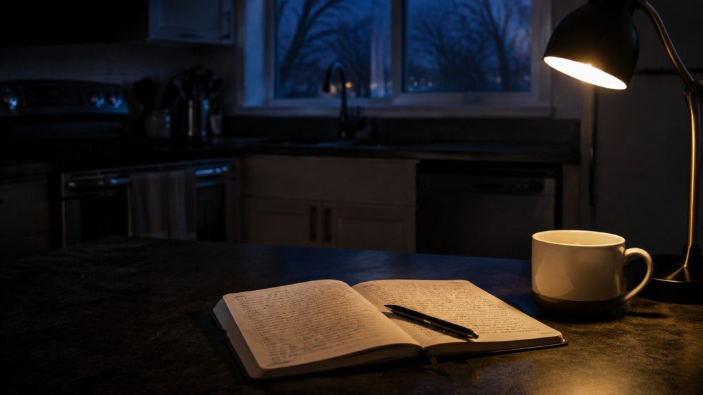 A small notebook open with handwriting too small to read, a pen across it and a mug beside it, on a dark counter at night with one warm lamp.