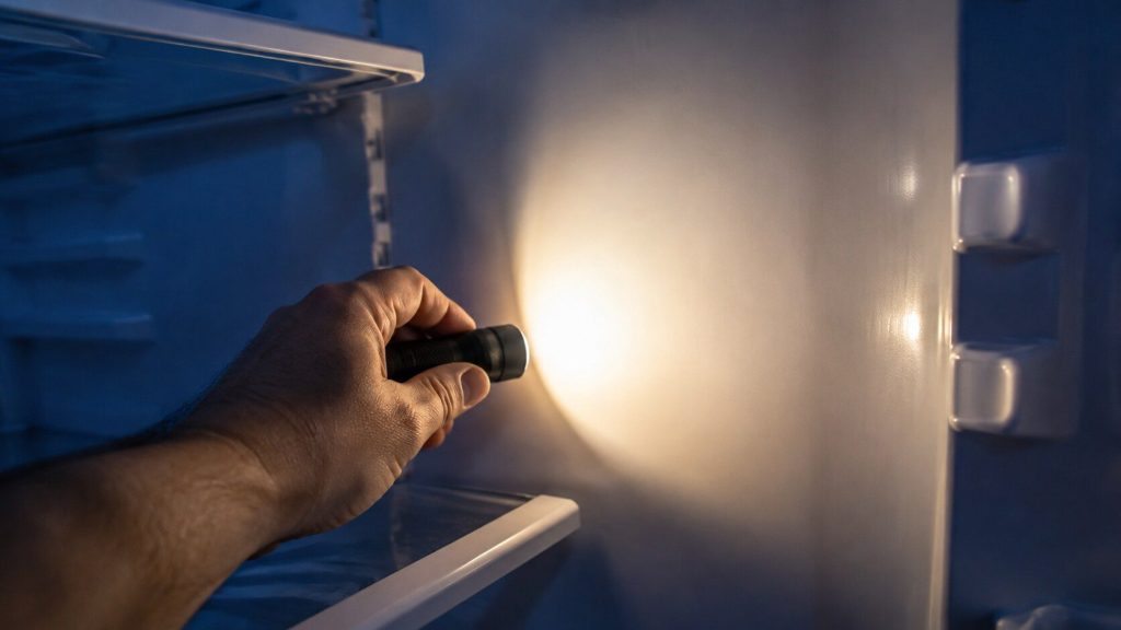 A small torch held against the inside wall of a refrigerator compartment, lighting a blank area of the liner where a plate would be, shot close.