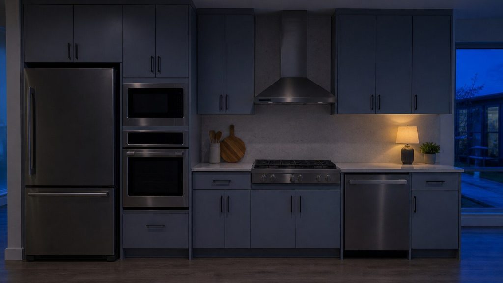 A wide straight-on view of a full kitchen wall in the evening: refrigerator, wall oven stacked with a microwave above it, cooktop in the counter, dishwasher front, and a hood over the cooktop.