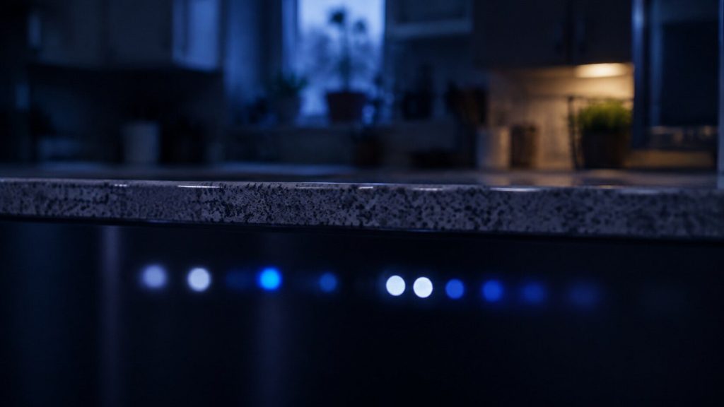A dark kitchen photographed from low down, with the row of cycle indicator lights on the front of a dishwasher glowing softly and completely out of focus — points of cool light against deep blue, no shapes and no characters resolvable.