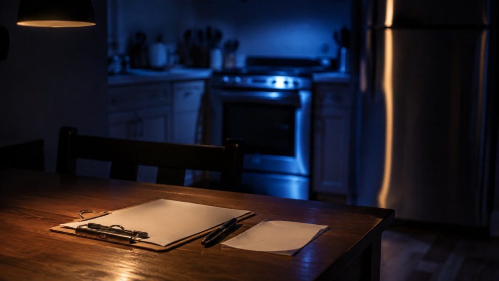 A kitchen table at night with a clipboard, a folded sheet of paper and a pen on it, the kitchen behind out of focus with one appliance front catching cool blue light.