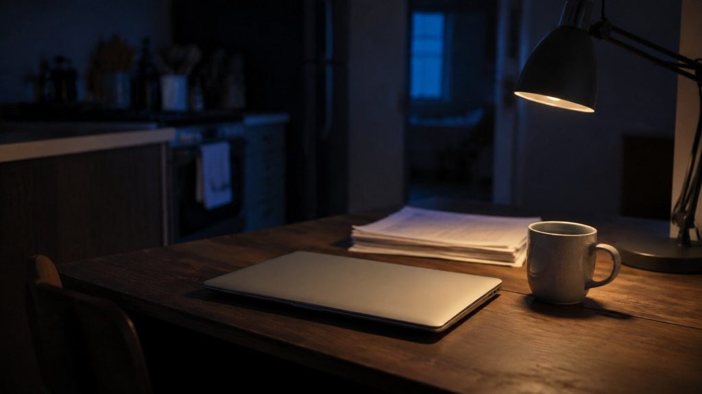 A desk at night: a closed laptop, a stack of printed pages, a mug and a lamp, shot at an angle so the room behind falls into deep blue shadow.