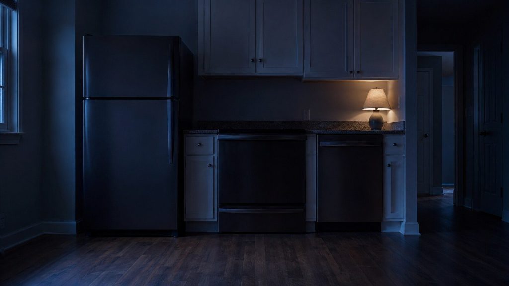 A row of three appliance fronts in a showroom-empty kitchen at night — a refrigerator, a range and a dishwasher — photographed straight on from a distance so they read as shapes rather than products.
