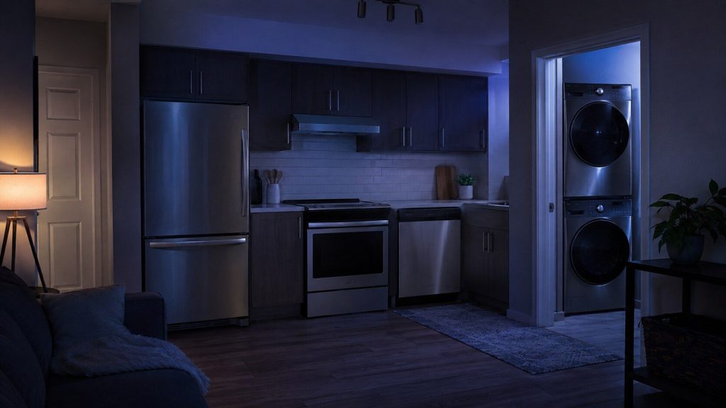A wide evening view of a contemporary kitchen and the laundry doorway beyond it, seen from the living side.
