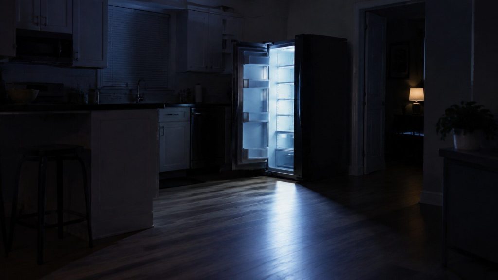 A kitchen at night with the refrigerator door standing open, the cool interior light the only bright thing in a deep blue room, throwing a long rectangle of light across the floor.