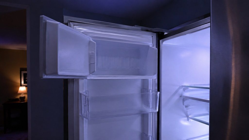 A refrigerator door standing open at night, the small ice compartment inside the door open too, empty and clean, shot close and slightly from below.