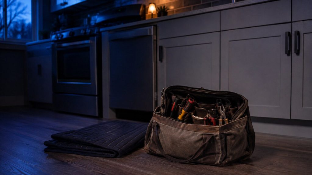 An open canvas tool bag set down on a kitchen floor in front of a run of cabinets, a folded protective mat beside it, hand tools visible but unbranded and out of focus.