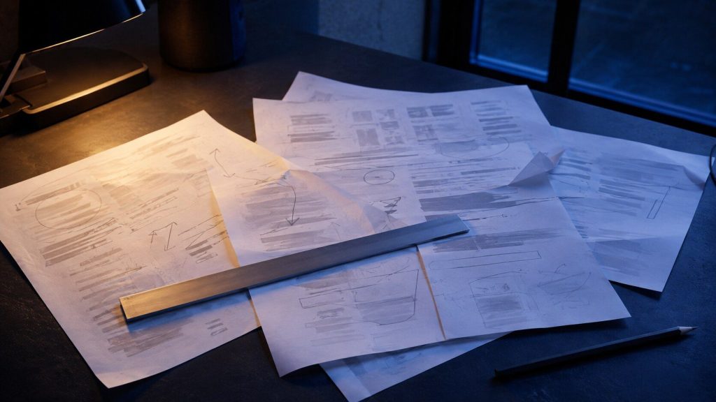 Loose printed pages spread on a dark desk with pencil marks and a ruler across them, one warm lamp from the left, cool blue fill.