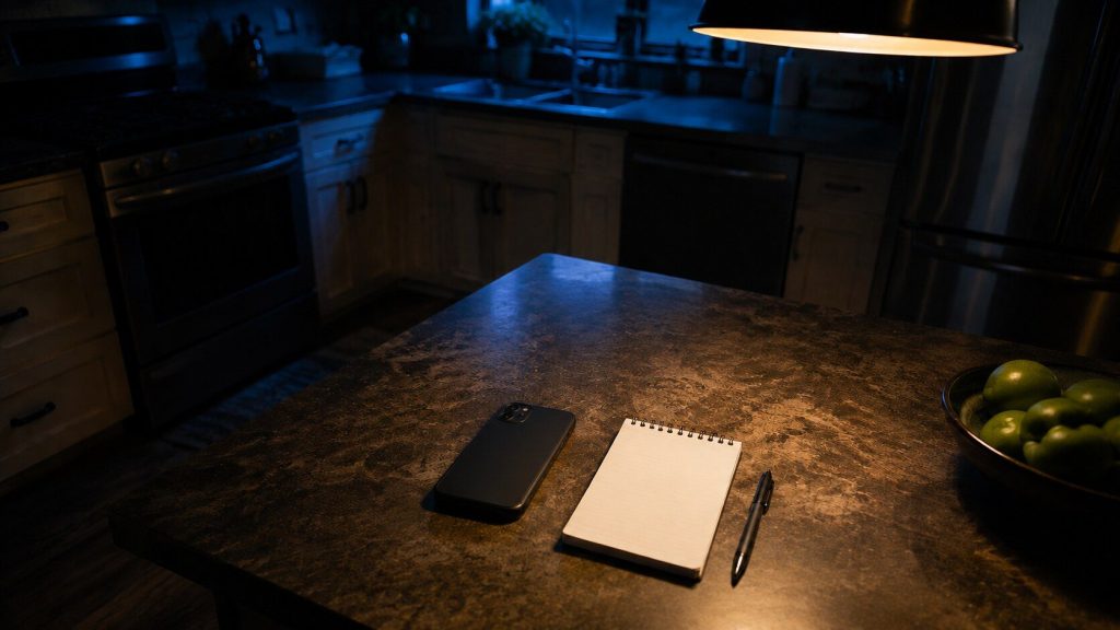 A phone face down beside a small notepad and a pen on a kitchen island at night, shot from above at an angle.