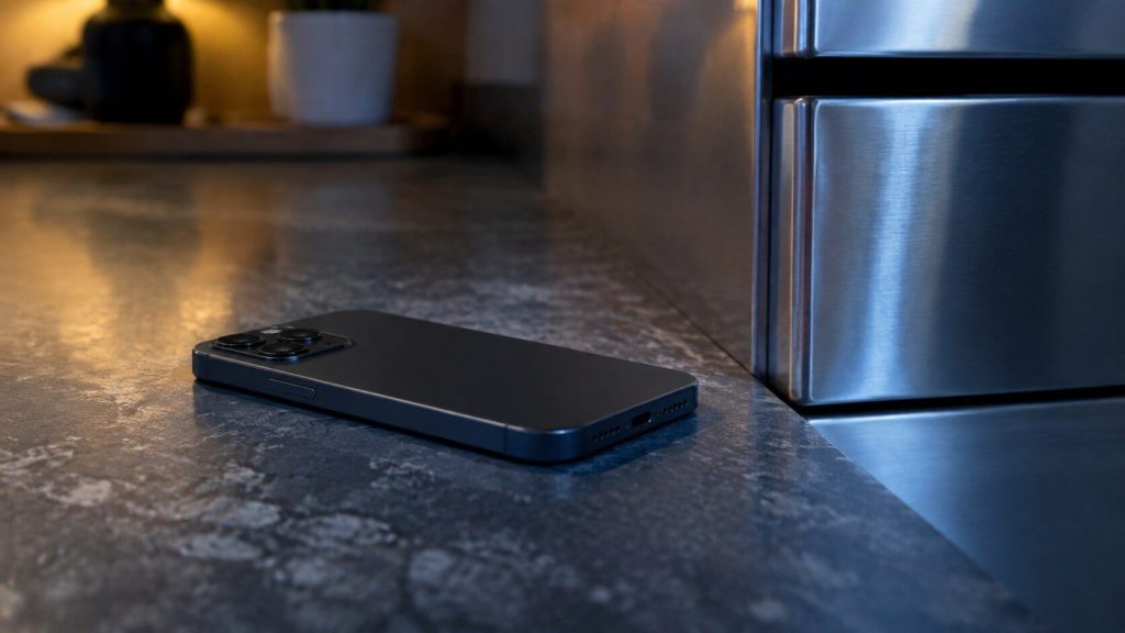 A phone lying screen-down on a kitchen counter beside the corner of a stainless appliance front, evening light, deep blue shadow.